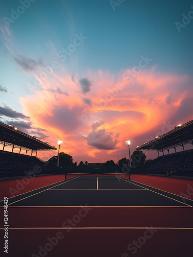 Dramatic sky over an empty tennis court lit by stadium lights at dusk photo