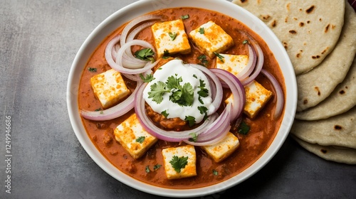 Top view of paneer butter masala Cottage Cheese Tomato Gravy garnished with cream and coriander served with roomali roti and sliced onions photo