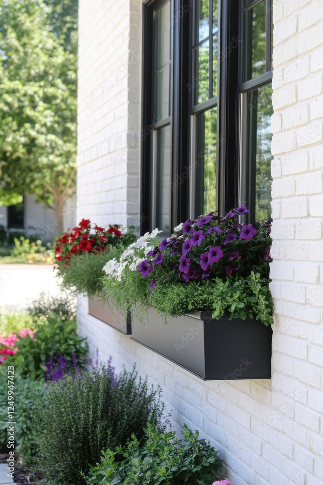 Naklejka premium Vibrant flower boxes add a pop of color to the contemporary facade of a stylish home, beautifully enhancing the allure of its charming neighborhood on a sunny day