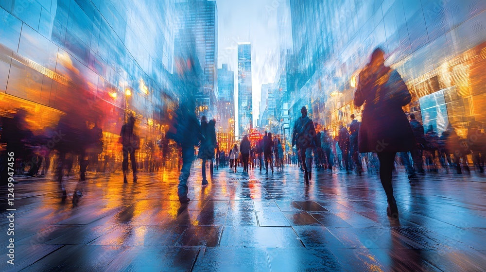 Dynamic illustrations of urban life bustling stree with people walking in the rain in a vibrant cityscape scene Dynamic illustrations of urban life bustling stree with people walking in the rain in a vibrant cityscape scene