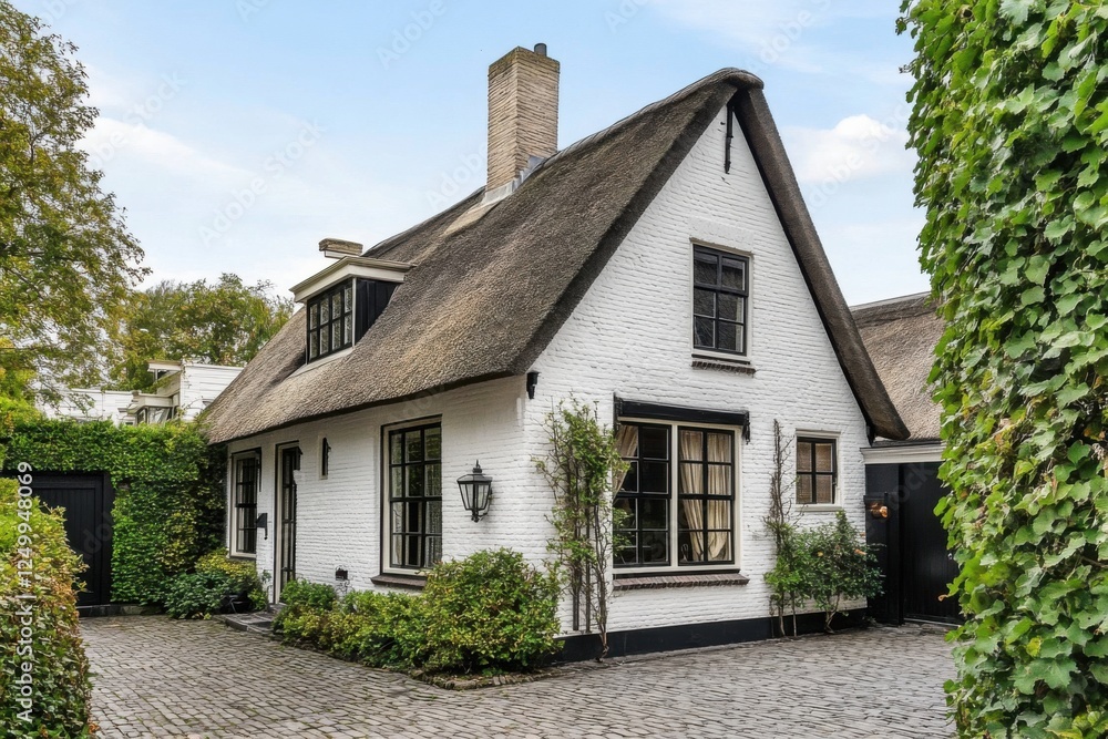 Beautiful traditional house with thatched roof surrounded by greenery located in a serene neighborhood during a sunny day