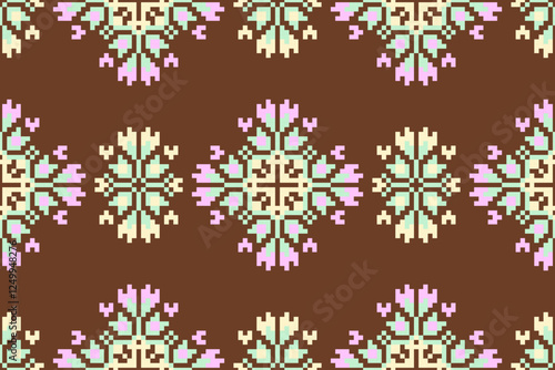 Cross Stitch pattern with Floral Designs. Traditional cross stitch needlework. Geometric Ethnic pattern, Embroidery, Textile ornamentation, fabric, Hand stitched pattern, Cultural stitching pixel art.