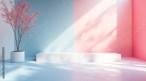 Wallpaper Mural A modern room with a pink tree and two white platforms. Torontodigital.ca