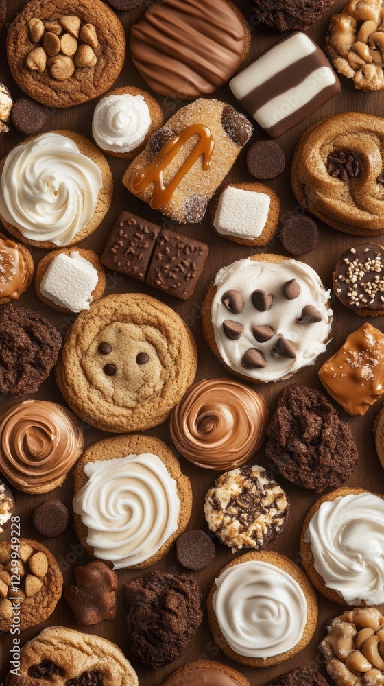 Indulge in a charming display of various cookies and pastries, including chocolate chip and frosted sugar delights, all set against a cozy macrame background, perfect for any sweet lover Indulge in a charming display of various cookies and pastries, including chocolate chip and frosted sugar delights, all set against a cozy macrame background, perfect for any sweet lover