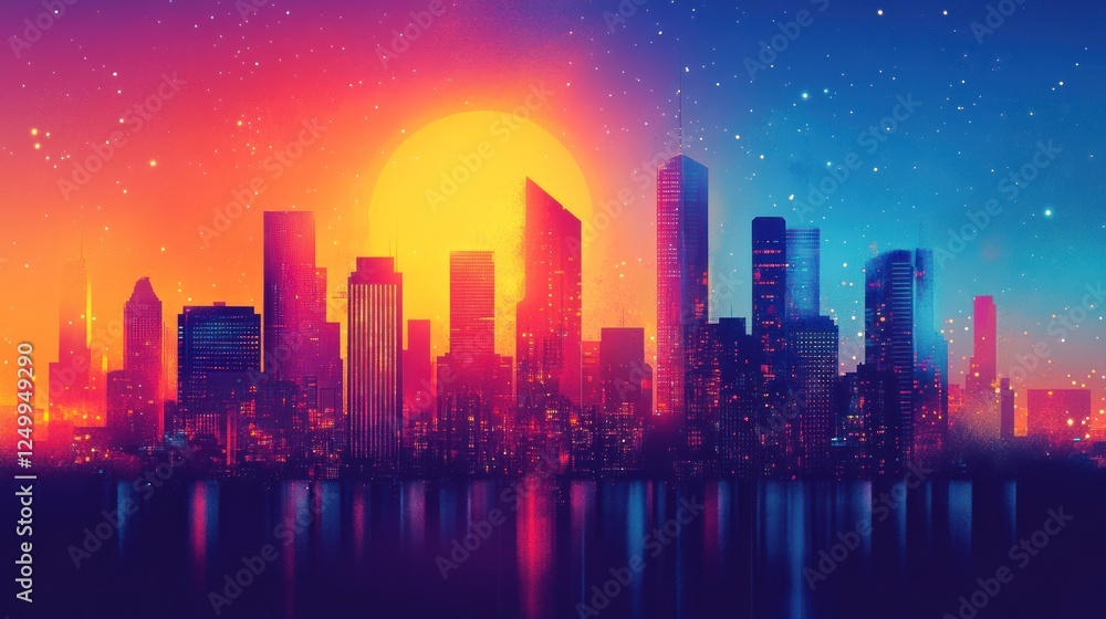 Obraz premium Vibrant Cityscape Sunset Skyline Starry Night