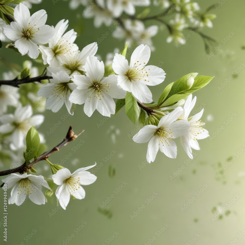 Obraz premium Closeup shot of white sakura petals against a light green background with a few leaves on the branch, spring blooms, sakura white petals