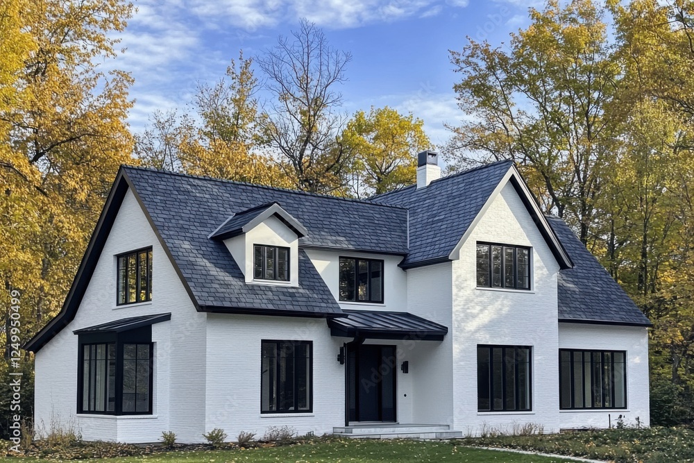 This delightful modern home is nestled in a tranquil residential neighborhood, surrounded by vibrant autumn foliage and colorful trees that enhance its charm This delightful modern home is nestled in a tranquil residential neighborhood, surrounded by vibrant autumn foliage and colorful trees that enhance its charm