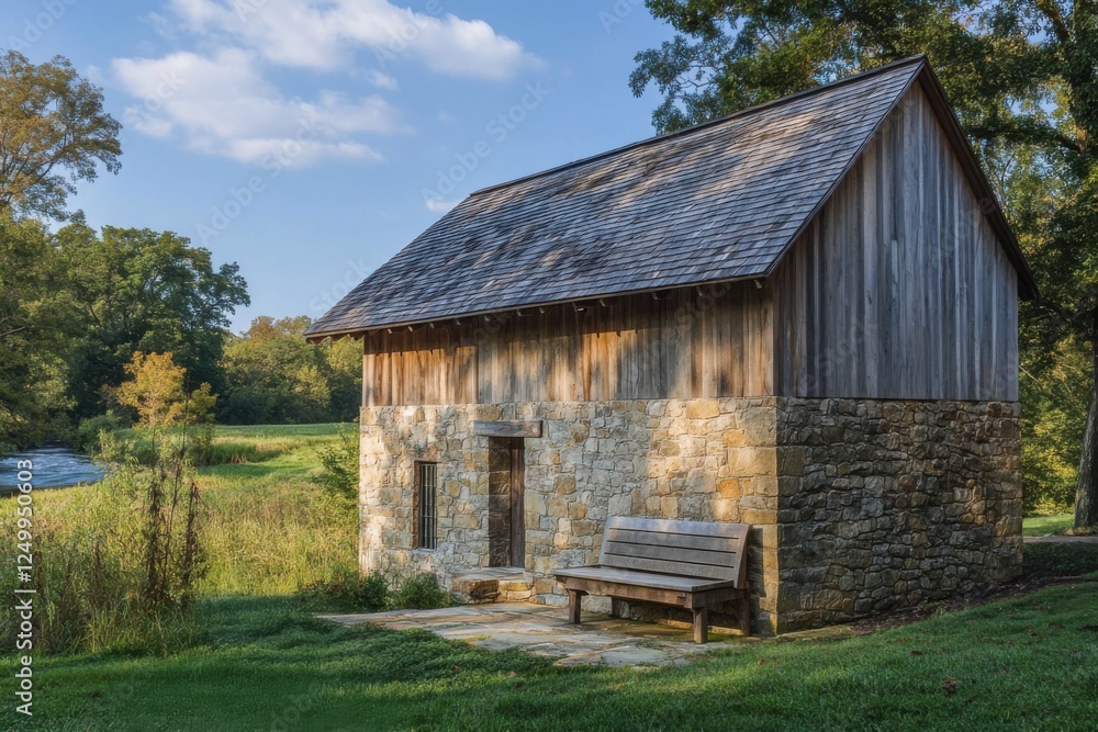 Fototapeta premium Historic stone cabin nestled in lush greenery near a serene river in the late afternoon sun, presenting rustic charm and peaceful ambience