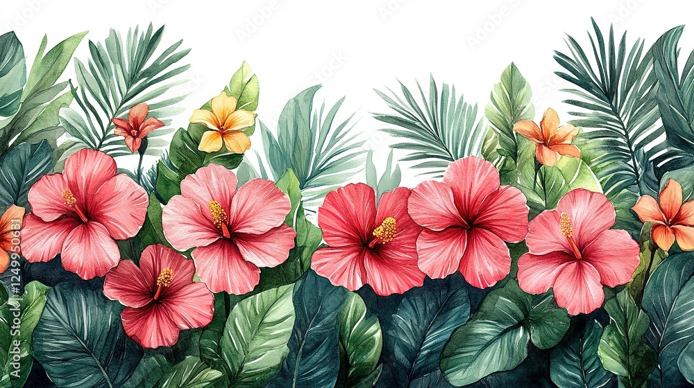 Fototapeta premium Watercolor painting of hibiscus flowers and tropical leaves