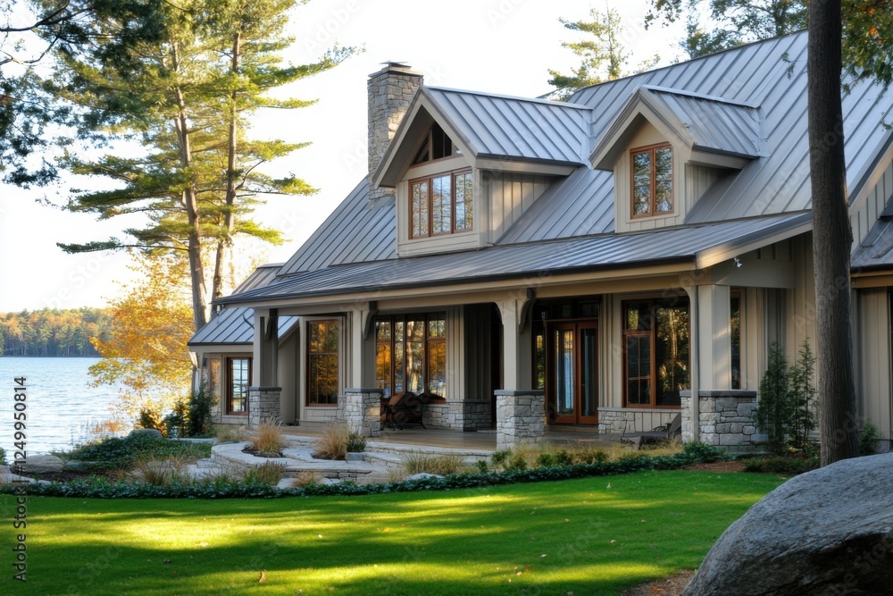 Obraz premium This charming lakeside retreat features a contemporary design and is beautifully tucked among the trees, offering stunning views of nature, especially during the enchanting golden hour