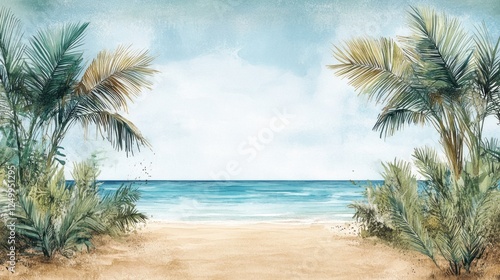 Watercolor Tropical Beach Scene with Palm Trees and Ocean View Illustration