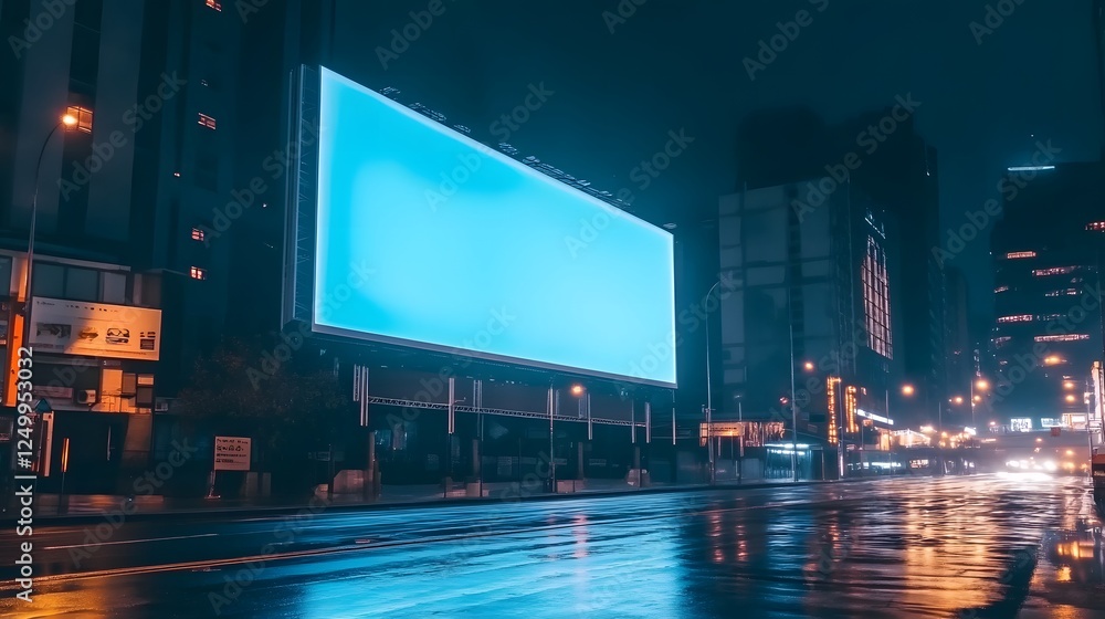 Obraz premium A Large Billboard on an Empty City Street at Night, Illuminated by Blue Light and Reflecting Off Wet Pavement, Showcasing Urban Architecture in Soft Focus Behind It, Symbolizing Digital Marketing 