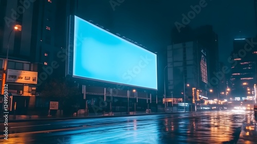 A Large Billboard on an Empty City Street at Night, Illuminated by Blue Light and Reflecting Off Wet Pavement, Showcasing Urban Architecture in Soft Focus Behind It, Symbolizing Digital Marketing  photo