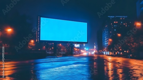 A Large Billboard on an Empty City Street at Night, Illuminated by Blue Light and Reflecting Off Wet Pavement, Showcasing Urban Architecture in Soft Focus Behind It, Symbolizing Digital Marketing  photo