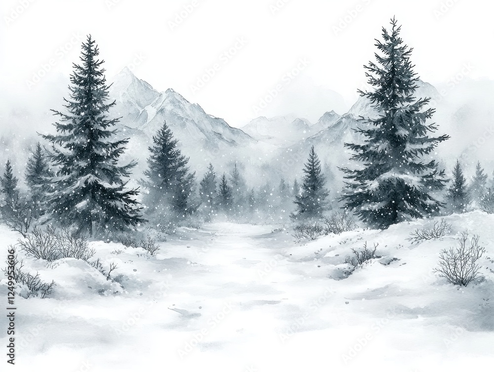 A serene winter landscape with snow-covered trees and distant mountains. A serene winter landscape with snow-covered trees and distant mountains.