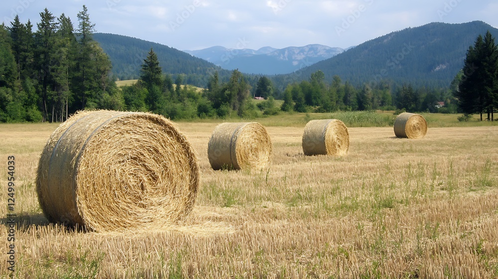 Serene Hay Bales in a Mountain Valley Serene Hay Bales in a Mountain Valley