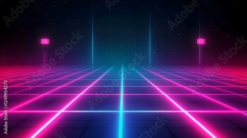 A Digital Grid Background with Neon Blue and Pink Lights, Creating an Otherworldly Atmosphere for Retro Video Game-Inspired Visuals, Evoking a Futuristic and High-Tech Vibe with Bold, Vibrant Colors photo