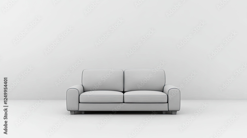 Modern minimalist gray sofa centered in a bright, empty room with white walls and floor Modern minimalist gray sofa centered in a bright, empty room with white walls and floor
