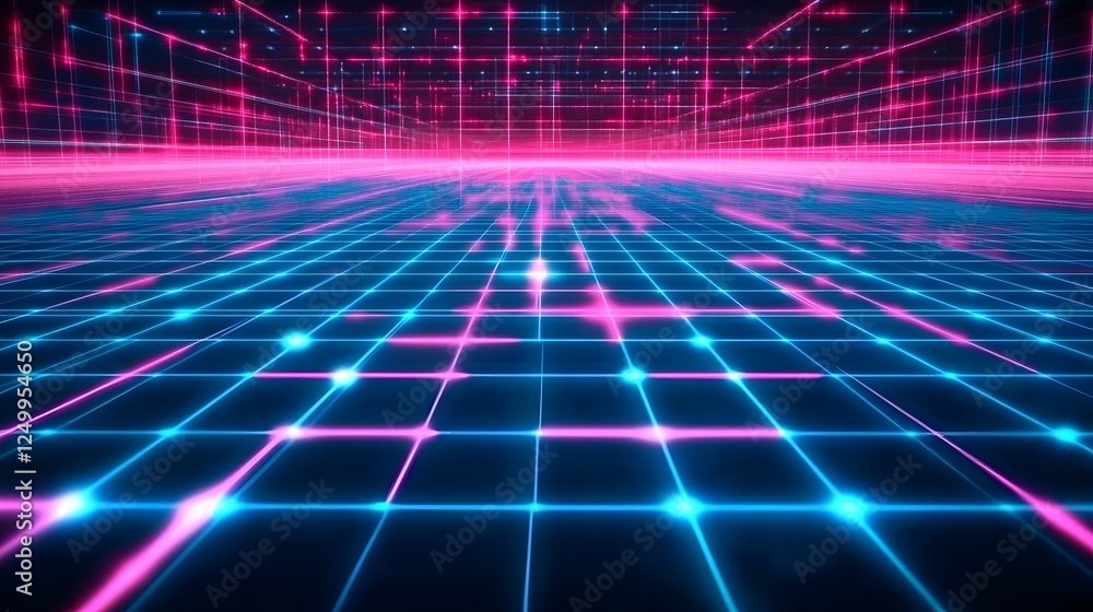 A Digital Grid Background with Neon Blue and Pink Lights, Creating an Otherworldly Atmosphere for Retro Video Game-Inspired Visuals, Evoking a Futuristic and High-Tech Vibe with Bold, Vibrant Colors A Digital Grid Background with Neon Blue and Pink Lights, Creating an Otherworldly Atmosphere for Retro Video Game-Inspired Visuals, Evoking a Futuristic and High-Tech Vibe with Bold, Vibrant Colors