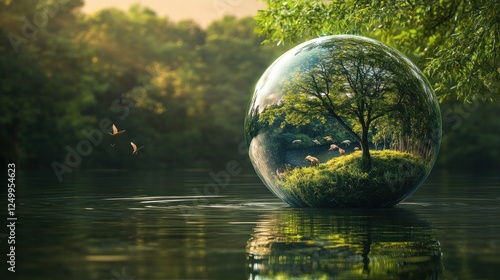 A tranquil forest scene encapsulated in a glass orb afloat on a lake