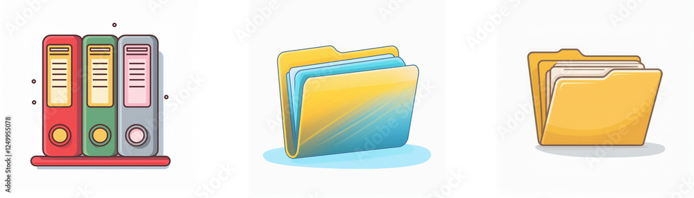 Three sets of icons: colorful binders on a shelf and two styles of open file folders, illustrating data management and organization. Three sets of icons: colorful binders on a shelf and two styles of open file folders, illustrating data management and organization.