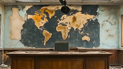 A World Map on the Wall of an Abandoned Politician's Office, With a Broken Desk and Fallen Microphone, Surrounded by Decaying Wall Paintings, Capturing the Decay and Abandoned Feel of a Former Power photo