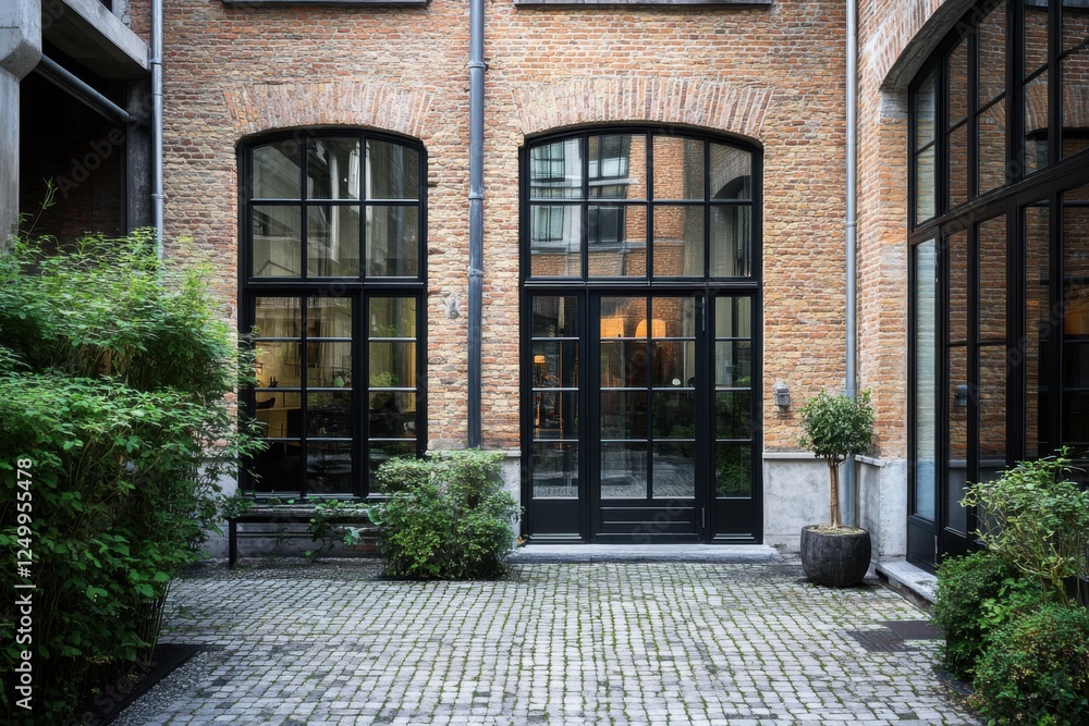 Charming urban courtyard with modern architecture and greenery, showcasing large windows and a peaceful atmosphere in a lively city environment Charming urban courtyard with modern architecture and greenery, showcasing large windows and a peaceful atmosphere in a lively city environment