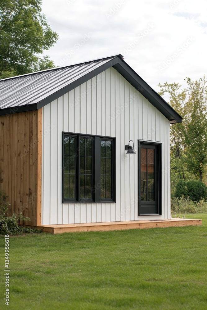 A contemporary minimalist home featuring a striking combination of wooden and white facades, nestled within a vibrant green landscape, adjacent to a serene wooded area. A contemporary minimalist home featuring a striking combination of wooden and white facades, nestled within a vibrant green landscape, adjacent to a serene wooded area.