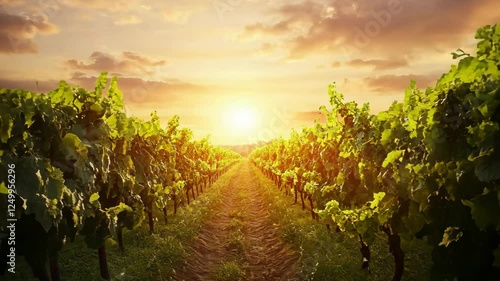sunset over scenic vineyard, golden light, rows of grapevines, lush greenery, warm tones, peaceful countryside, serene atmosphere, vibrant colors