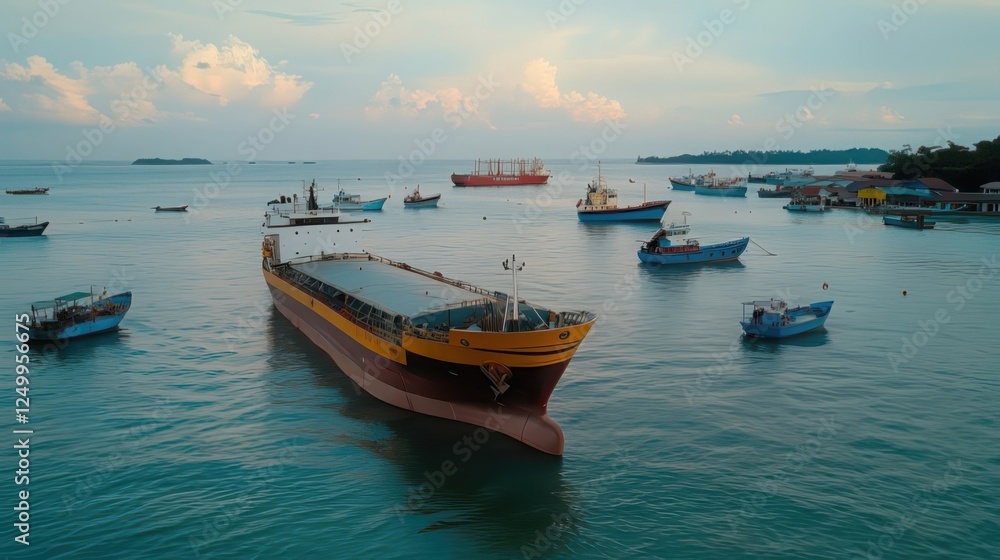 Naklejka premium Aerial View of Cargo Ship Surrounded by Smaller Vessels in Calm Water During Sunset