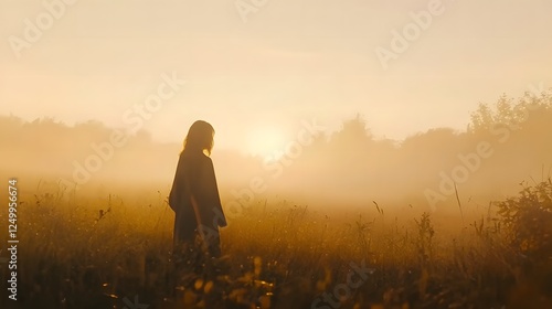 Cinematic Still of a Woman Standing in a Field, with a Beautiful Sunrise and Foggy Atmosphere, Capturing the Serenity and Peaceful Mood of Nature at Dawn photo