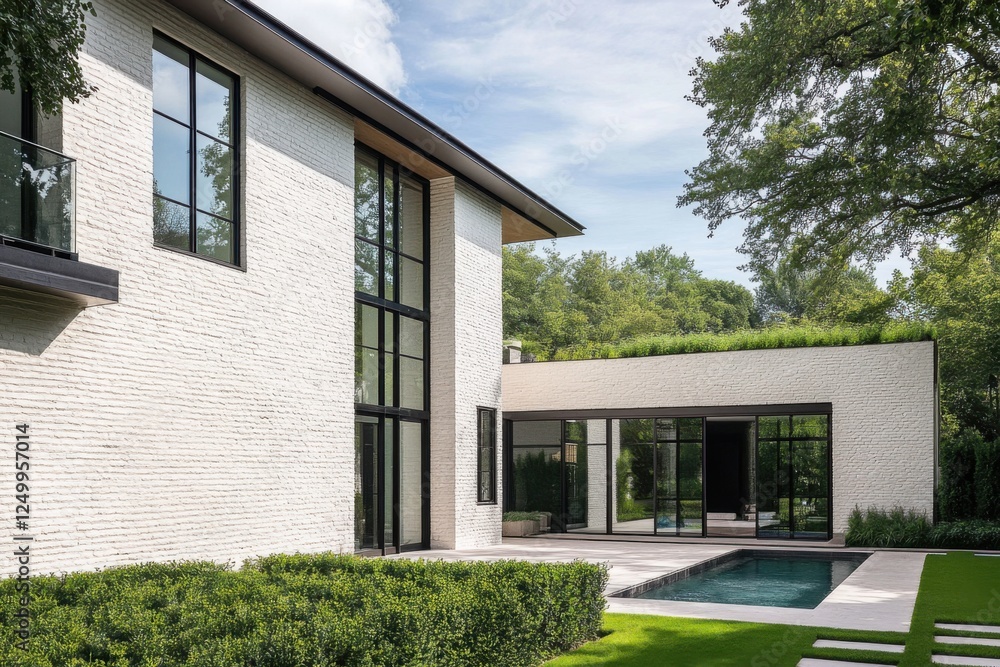 Modern house with sleek architecture features a serene outdoor pool and green landscaping in a suburban setting during daytime Modern house with sleek architecture features a serene outdoor pool and green landscaping in a suburban setting during daytime