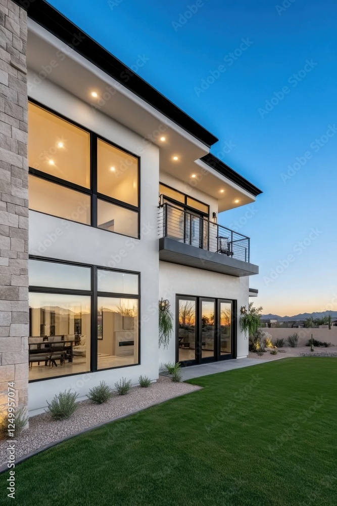 Modern architectural design of a spacious two-story house in a desert setting with large windows, landscaped yard, and inspiring sunset backdrop enhancing the beauty of the structure Modern architectural design of a spacious two-story house in a desert setting with large windows, landscaped yard, and inspiring sunset backdrop enhancing the beauty of the structure