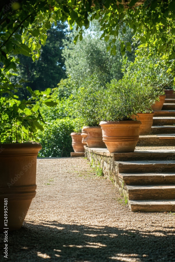 Fototapeta premium A charming pathway meanders through a sunlit garden, bordered by terracotta pots brimming with vibrant greenery, creating a tranquil afternoon ambiance