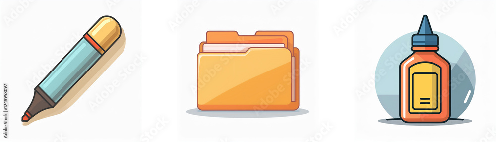 Three icons on a white background depict office or school supplies: a blue marker, an orange folder, and a brown glue bottle. Three icons on a white background depict office or school supplies: a blue marker, an orange folder, and a brown glue bottle.