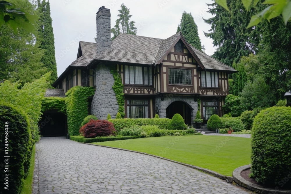 Nestled in a tranquil neighborhood, this stunning historic house is enveloped by vibrant greenery and meticulously maintained gardens, showcasing the beauty of nature on a clear day Nestled in a tranquil neighborhood, this stunning historic house is enveloped by vibrant greenery and meticulously maintained gardens, showcasing the beauty of nature on a clear day