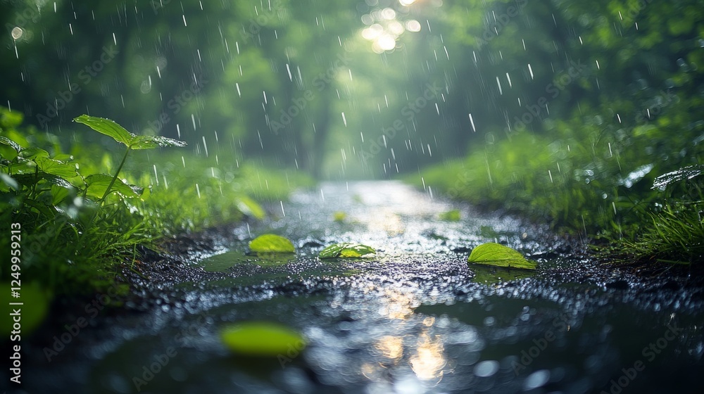 Realistic Weather Forecast of Rain on a Path Surrounded by Greenery Realistic Weather Forecast of Rain on a Path Surrounded by Greenery