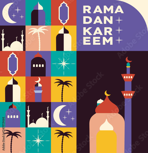 Poster in geometric style. Blessed holiday of Ramadan Kareem. Arabic. Mosque. Modern trendy shapes. Raya Hari, Eid al-Adha. Hijri. 1445. Pattern. Islamic culture. Wallpaper. Mosque. Crescent moon