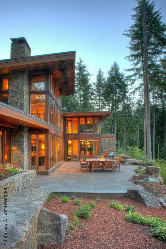 Modern architectural design of a forest home at sunset with large windows reflecting warm light and surrounded by natural greenery Modern architectural design of a forest home at sunset with large windows reflecting warm light and surrounded by natural greenery