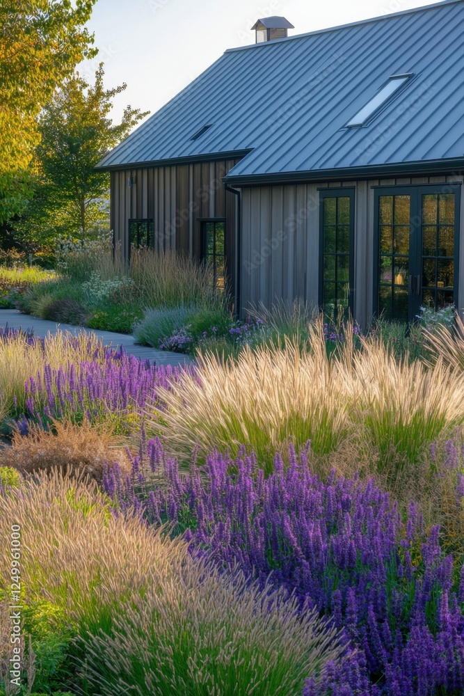 Vibrant garden with purple flowers and a modern house at sunset showcasing beautifully landscaped outdoor spaces in a serene environment Vibrant garden with purple flowers and a modern house at sunset showcasing beautifully landscaped outdoor spaces in a serene environment