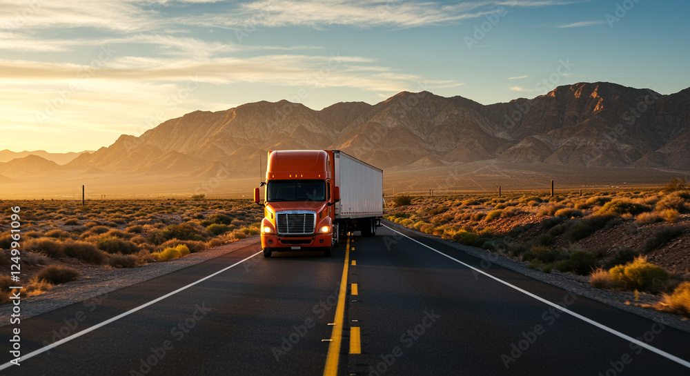 Truck on open highway with mountains in background and sunset Truck on open highway with mountains in background and sunset