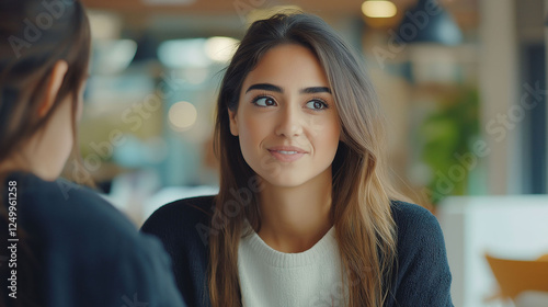Young latina woman talking with coworker or blurred background