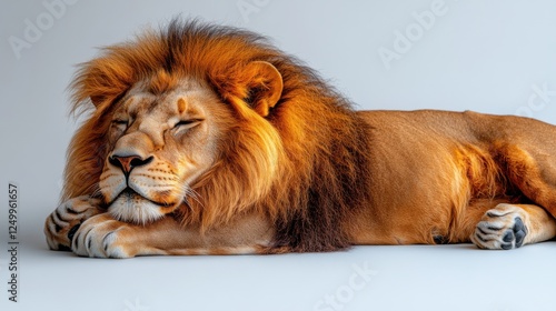 Majestic lion resting peacefully on a clean surface, showcasing its vibrant mane and serene expression photo