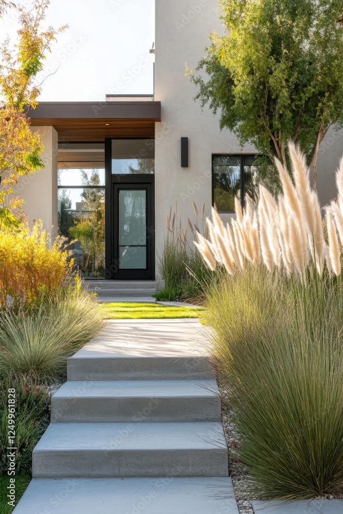 Obraz premium A contemporary entrance pathway, beautifully flanked by vibrant green grass and an array of decorative plants, gracefully leads to an elegant residence under the bright daylight