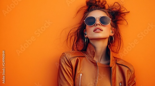 Cool girl vibes in a brown leather jacket against a vibrant orange backdrop