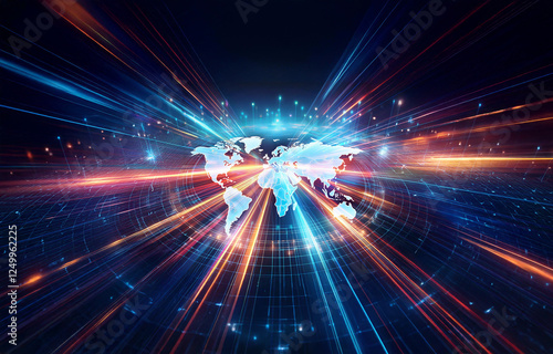 Bright beams of light radiate from a world map, symbolizing global digital networks, data transmission, and worldwide communication.