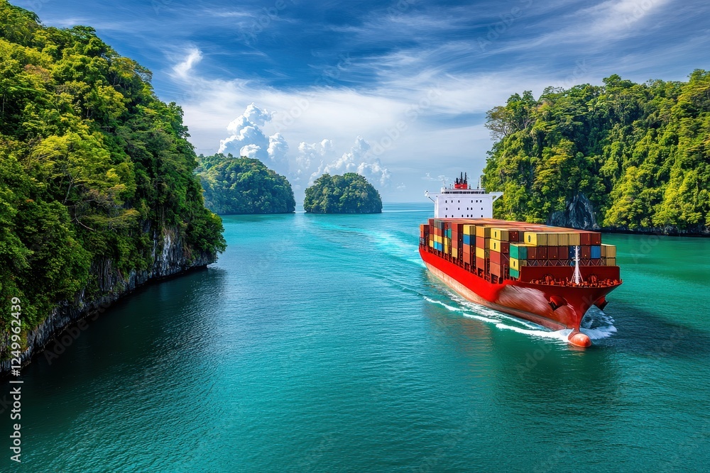 Naklejka premium Container Ship Sailing Through Clear Tropical Waters Surrounded by Lush Green Cliffs and Clouds