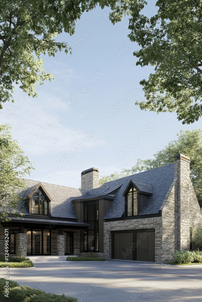 Modern stone house with large windows surrounded by trees, featuring elegant design and spacious exterior in a tranquil neighborhood Modern stone house with large windows surrounded by trees, featuring elegant design and spacious exterior in a tranquil neighborhood