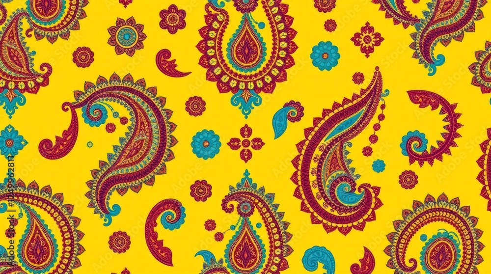 Obraz premium Vibrant Paisley Pattern Yellow Background Fabric Design
