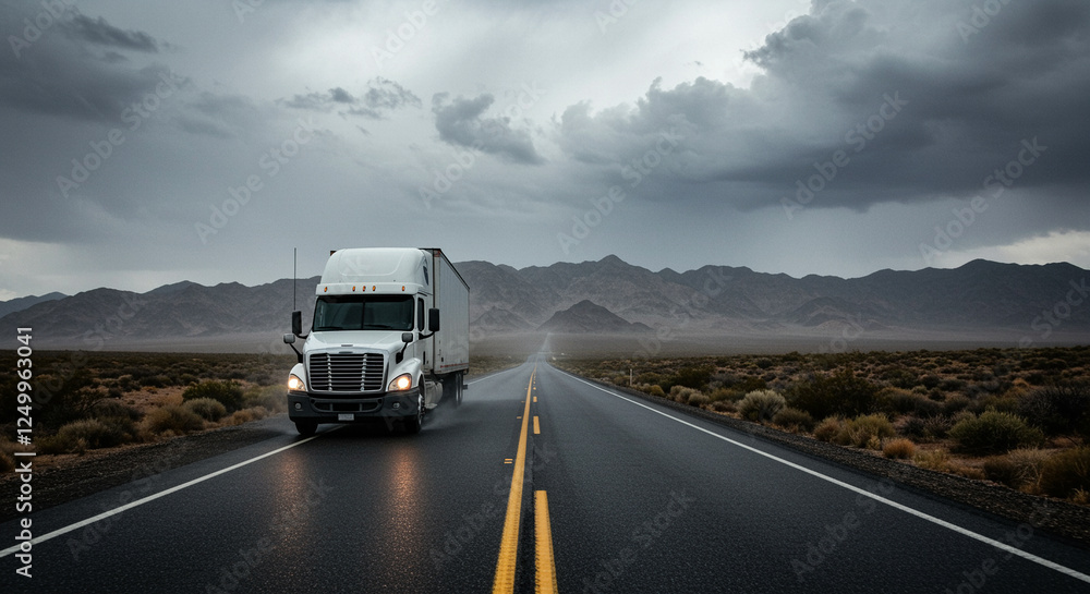 Truck on open road journey through a desert landscape under cloudy skies Truck on open road journey through a desert landscape under cloudy skies